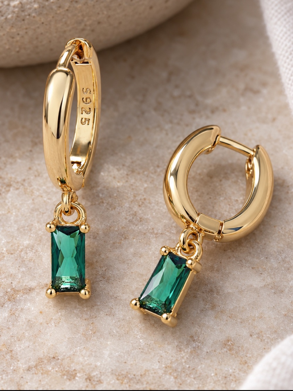 14K Gold Hoop Earrings Green Emerald Cut Baguette Huggie Drop Sterling Silver